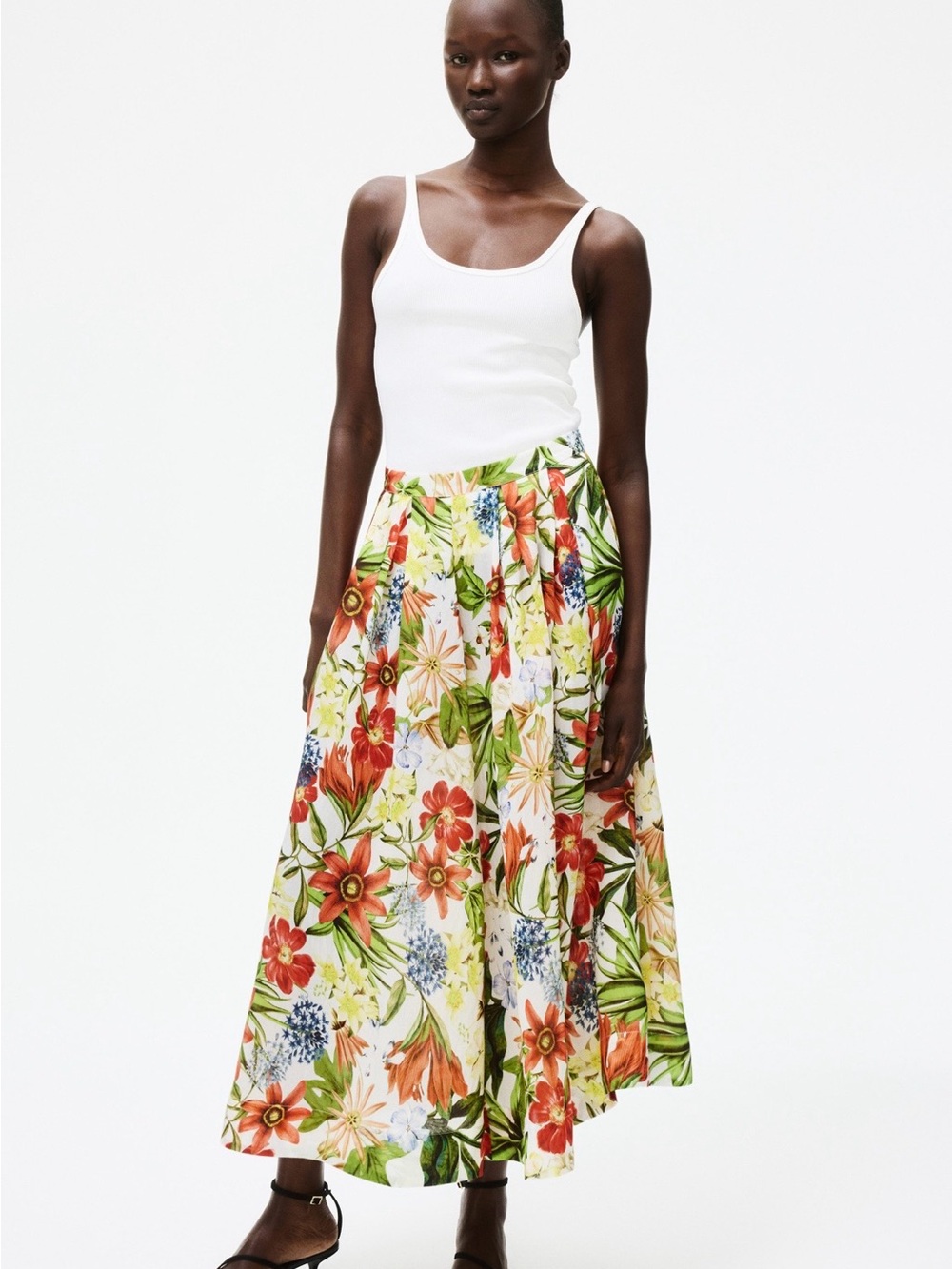 H&M Floral Midi Skirt in White with Red & Green Print